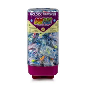 Transparent candy dispenser filled with assorted individually wrapped candies, pink base and purple label reading 'Spark Plugs'.