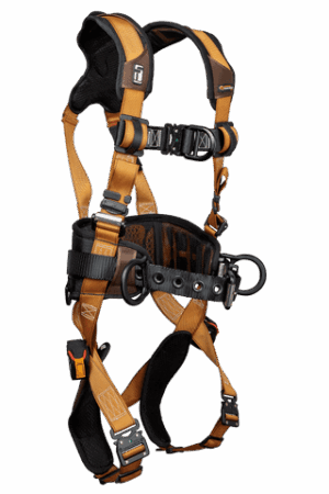 Orange and black full-body safety harness with straps, buckles, and leg loops for fall protection used in climbing or rope access.