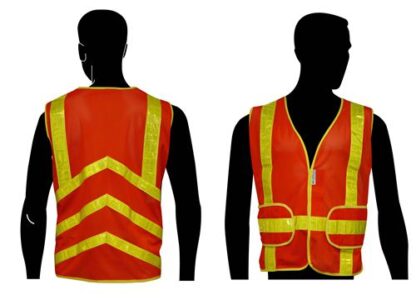 C16852F All Mesh Orange Class 2 Vest, with Yellow PVC Stripes & Chevron Stripes on the Back, and Expandable Sides
