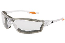 LW310AF clear frame, anti fog clear lens with open cell foam seal, orange temple inserts