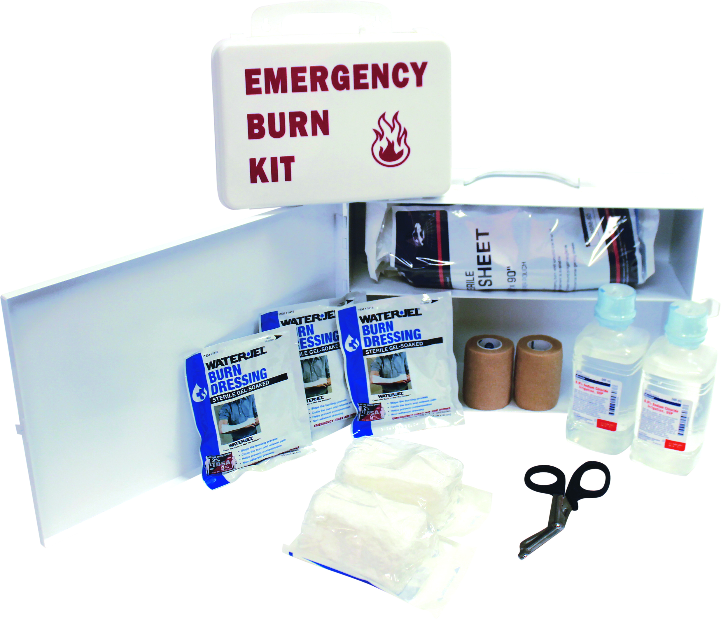 Emergency burn kit cabinet with labeled supplies and burn dressing packets inside the open fridge-like unit.