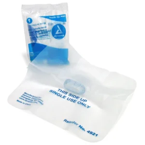 Clear disposable medical bag with a small valve, labeled 'THIS SIDE UP SINGLE USE ONLY' and Dynarex branding on a white background.