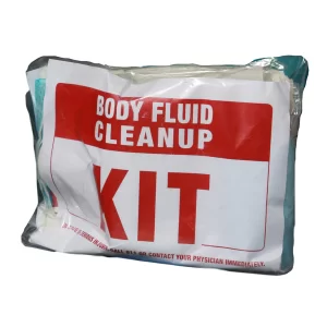 Bag labeled 'Body Fluid Cleanup Kit' in red text on white and red background; emergency cleanup kit packaging on a flat surface.
