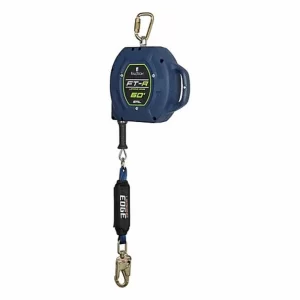 Blue retractable tape measure with a top hook and bottom metal hook, attached to a black EDGE pulley/strap for easier handling—used for measuring lengths.