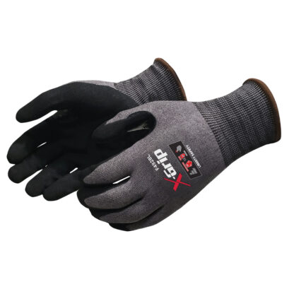 Pair of gray and black work gloves with knit cuffs, laid side by side.