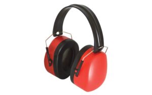 Red and black over-ear hearing protection earmuffs with cushioned ear cups and an adjustable headband, designed to reduce loud noise