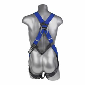 Back view of a blue full-body safety harness with black straps on a mannequin, designed for climbing or fall protection.