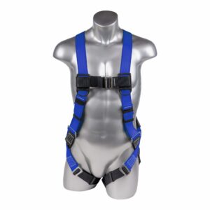 Blue full-body safety harness with multiple straps and metal buckles on a silver mannequin torso, for fall protection use