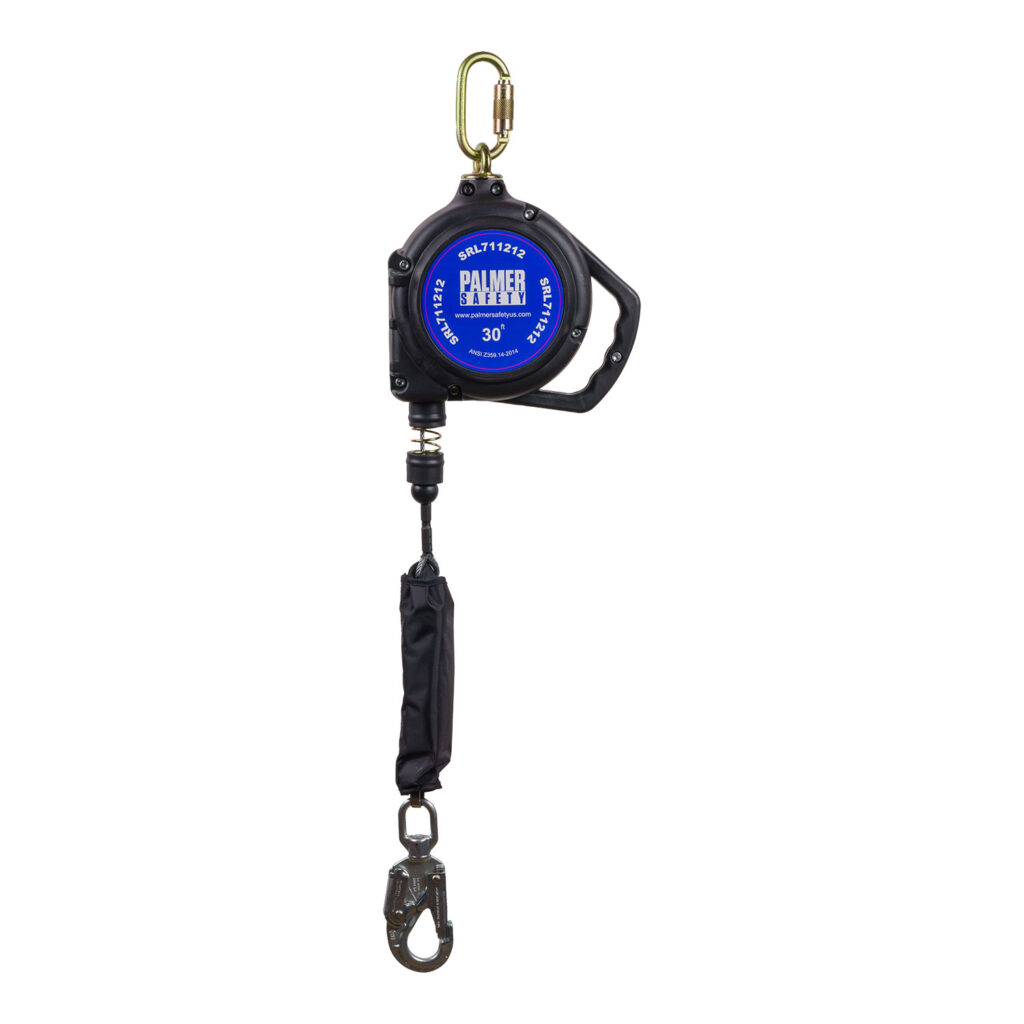 Retractable safety lanyard with a blue Palmer label, carabiner top, and a metal hook at the bottom for fall protection (30 ft).