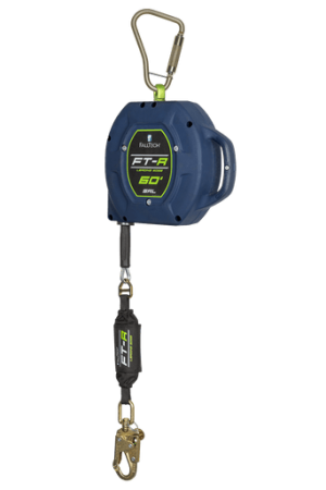 Blue retractable fall-arrest lifeline with top metal carabiner and bottom locking hook.