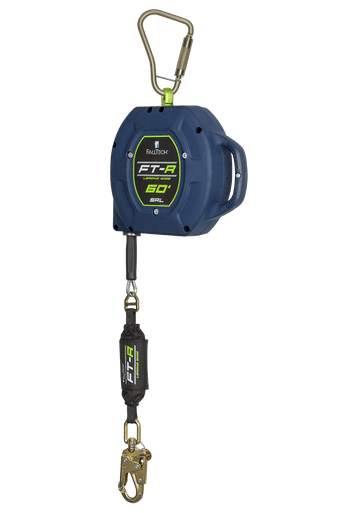 Blue retractable fall-arrest lifeline with top metal carabiner and bottom locking hook.