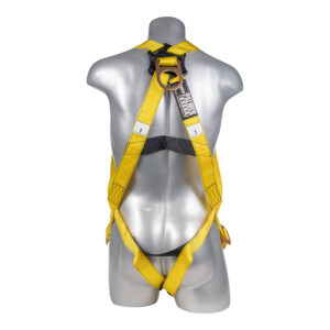 Full-body yellow safety harness worn on a mannequin back for fall arrest, showing D-ring and strap connections of a construction harness.