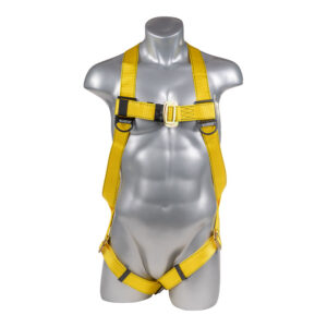 Full-body yellow safety harness on a gray mannequin, with adjustable shoulder, chest, and thigh straps for fall protection