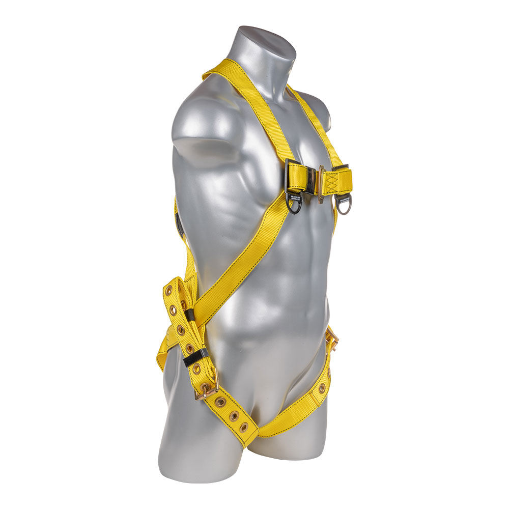 Yellow full-body safety harness on a silver mannequin torso with shoulder, chest, waist, and leg straps and metal D-rings