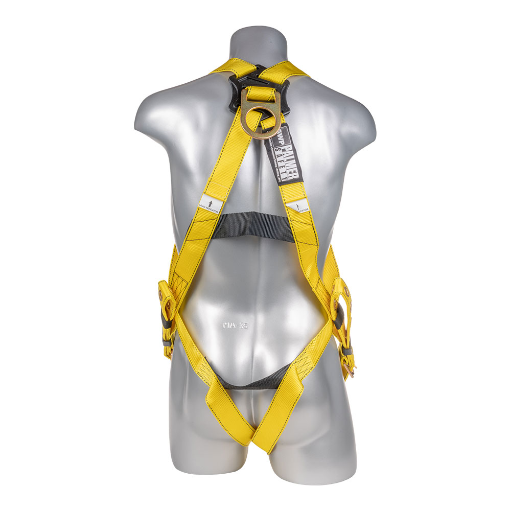 Back view of a yellow full-body safety harness on a gray mannequin, with buckles and a metal D-ring for fall protection.