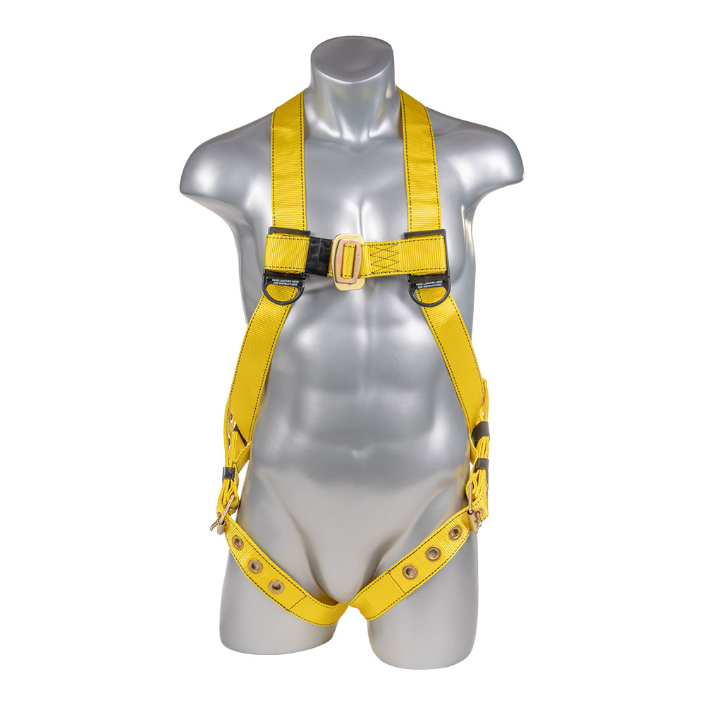 Bright yellow full-body safety harness displayed on a silver mannequin, with metal buckles and D-rings for fall protection.