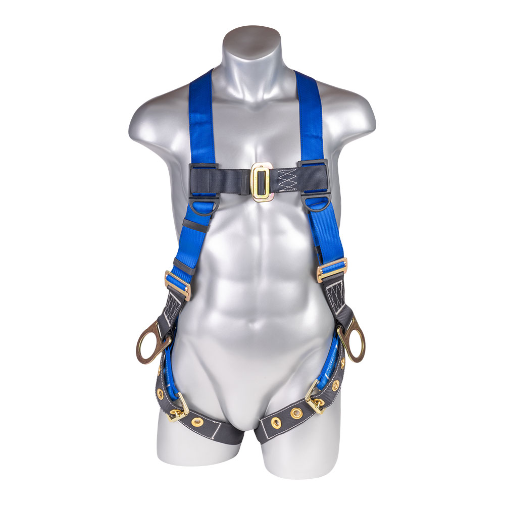 Blue and black industrial safety harness with metal D-rings and buckles on a gray mannequin torso, designed for fall arrest.