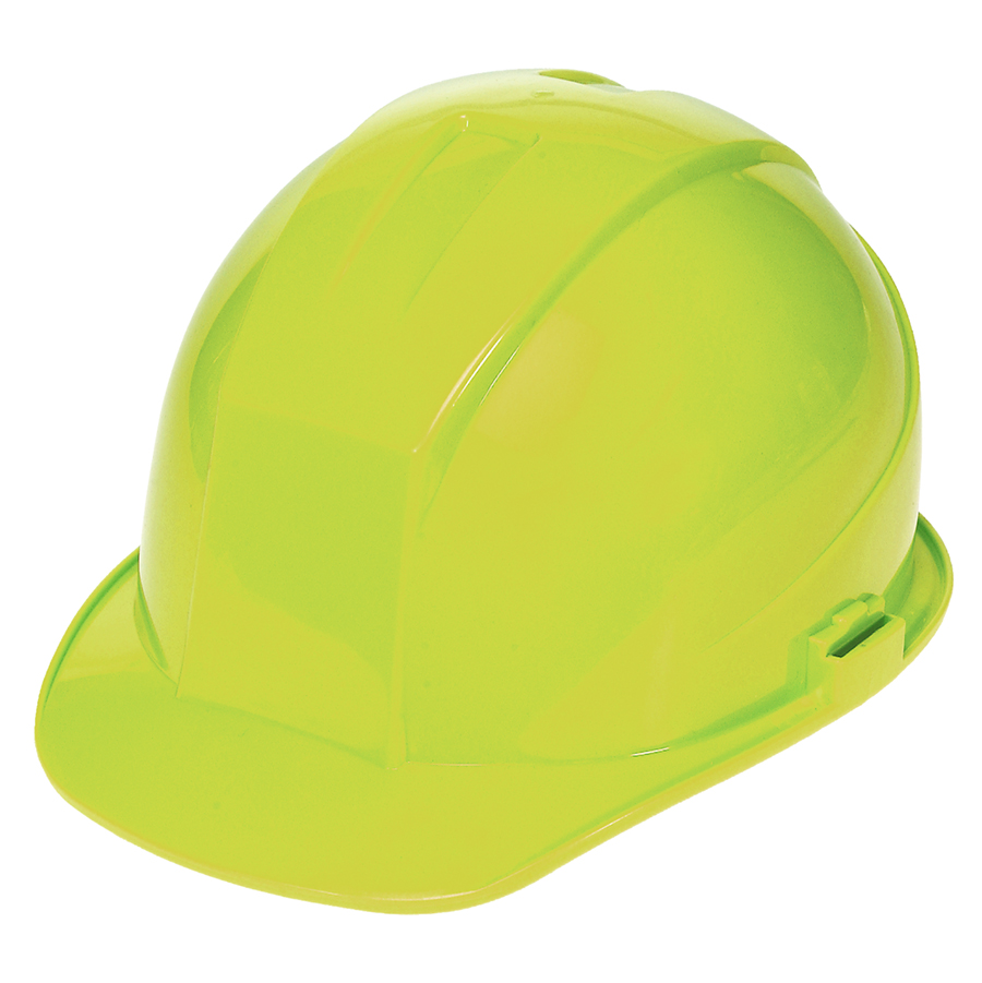 Neon yellow-green hard hat viewed from side, a protective safety helmet for construction sites