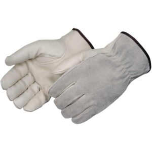 Pair of gloves: one white leather glove and one gray suede glove laid side by side, ready for use in work or driving gear.