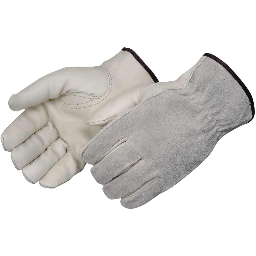 Pair of gloves: one white leather glove and one gray suede glove laid side by side, ready for use in work or driving gear.