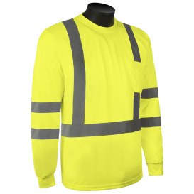 High-visibility neon yellow long-sleeve safety shirt with reflective gray stripes for visibility at work