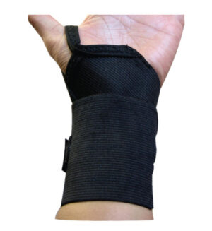 Black wrist brace with Velcro strap on the wrist for support and stabilization.