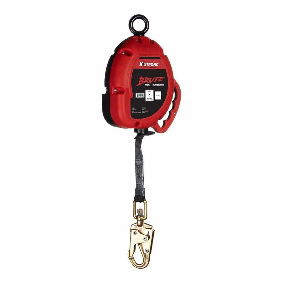 Red self-retracting lifeline with a strap and gold hook for fall protection safety equipment, used to arrest falls.