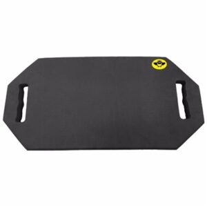 Dark gray rectangular plyometric box with built-in side handles and a yellow logo in the top-right corner.
